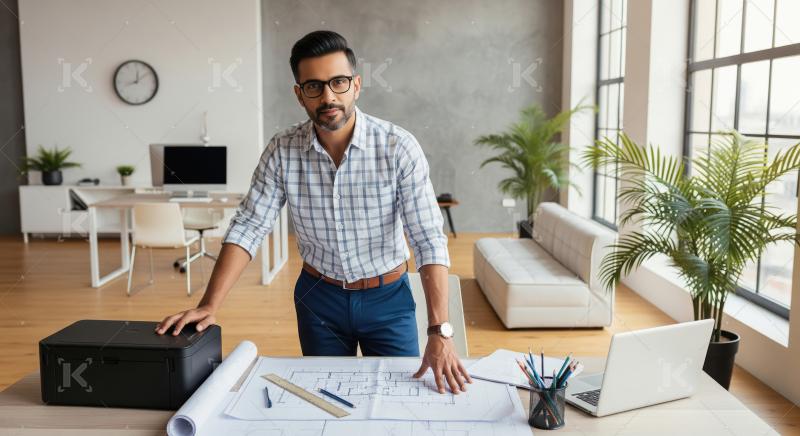 A confident designer or architect stands over blueprints in a br