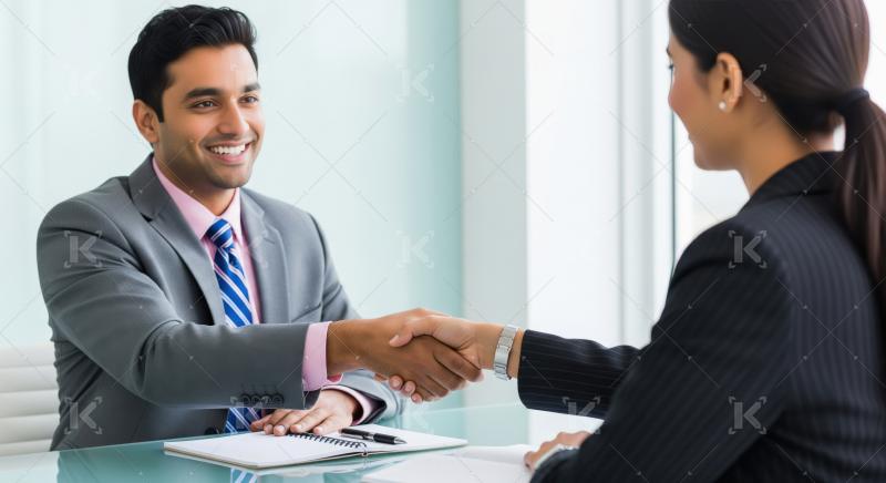 A smiling businessman in a suit shakes hands with a female colle