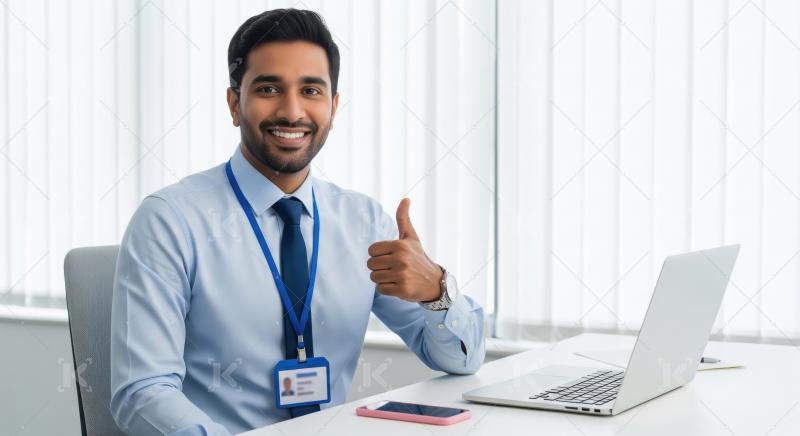 A cheerful young professional with an ID badge gives a thumbs‑