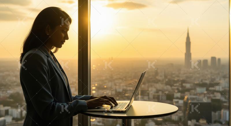 Silhouetted professional woman working on a laptop beside a high