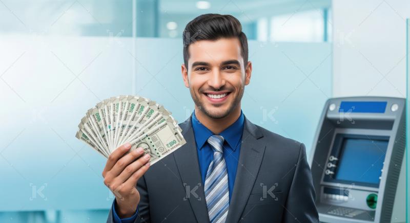Young indian businessman showing bank note