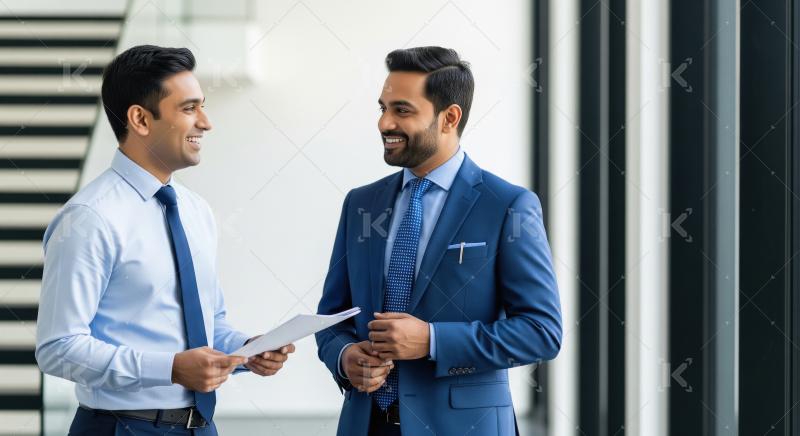 Two young businessmen in formal blue attire having a focused con