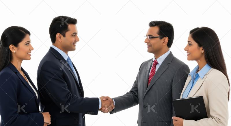 Two corporate teams meeting against a white background, with lea