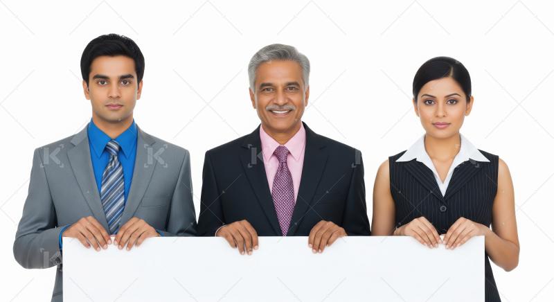 Diverse team of three professional Indian colleagues holding a b