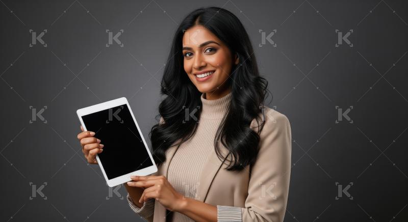 Elegant Indian businesswoman smiling confidently in a beige blaz