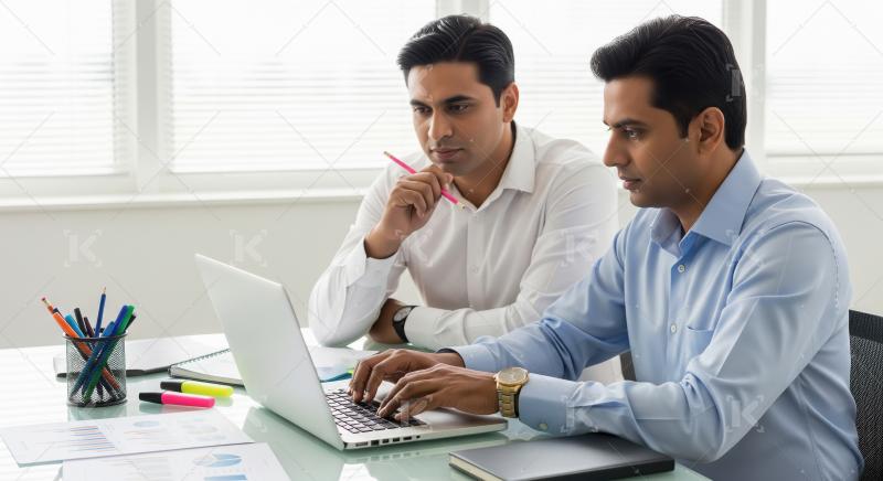Two professional businessmen collaborating at a modern office de