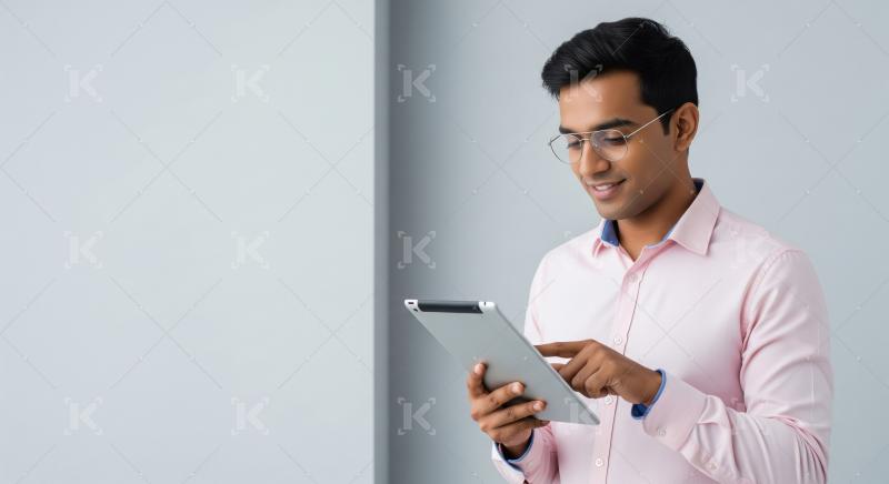 A young Indian professional in a light pink shirt stands against
