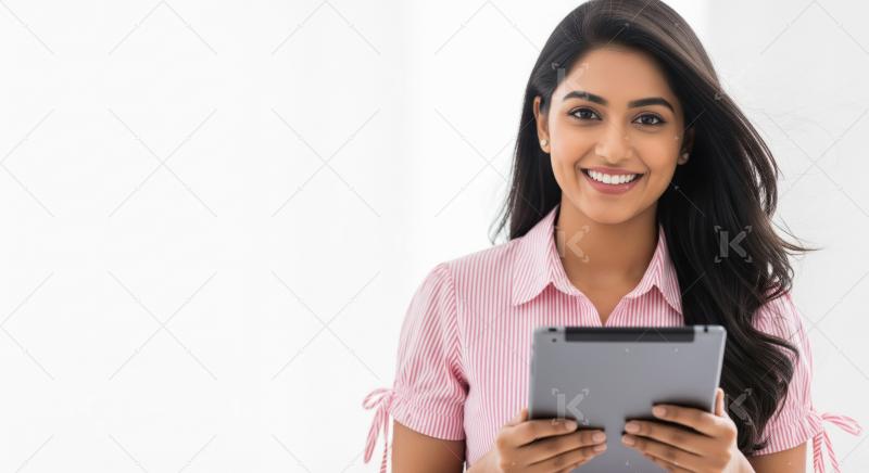 A young Indian woman in a pink striped shirt holds a tablet agai