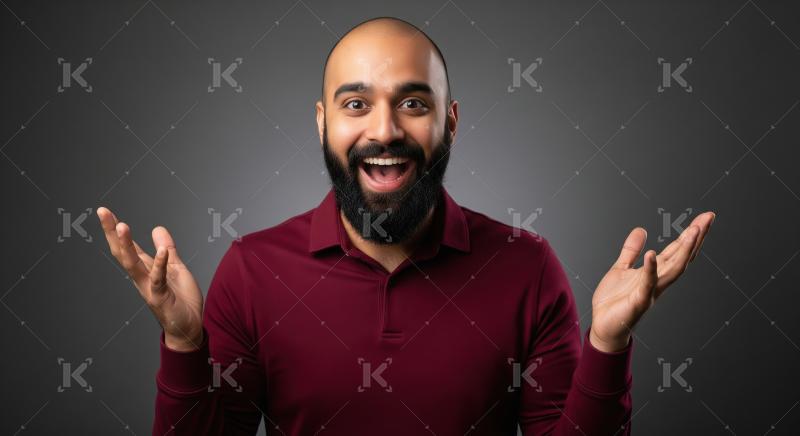 A bald Indian man in a maroon polo shirt gestures with both hand