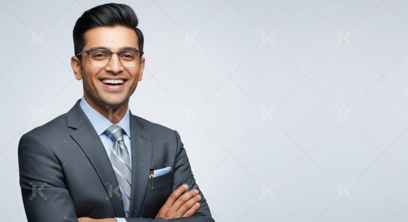 A confident young Indian businessman in a sharp grey suit stands