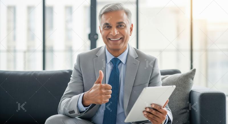 A mature Indian businessman in a grey suit sits on a sofa holdin