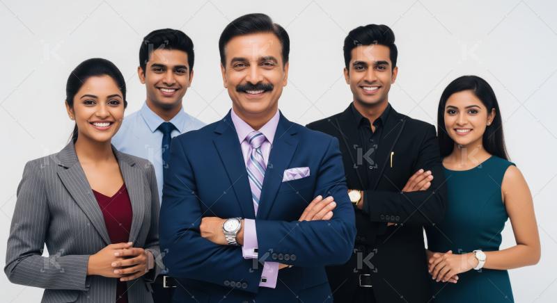 Confident business leader standing with arms crossed at the cent