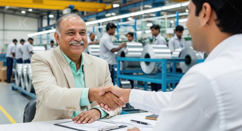 Indian factory owner warmly shakes hands with a business associa
