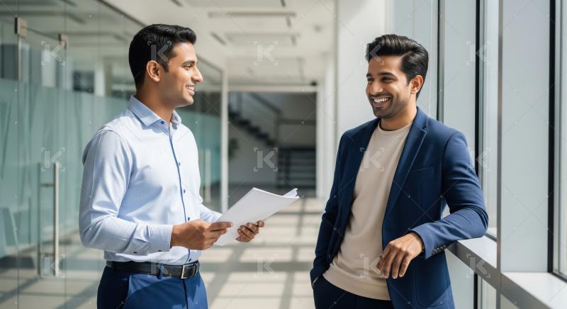 Two young Indian professionals stand office corridor, smiling an