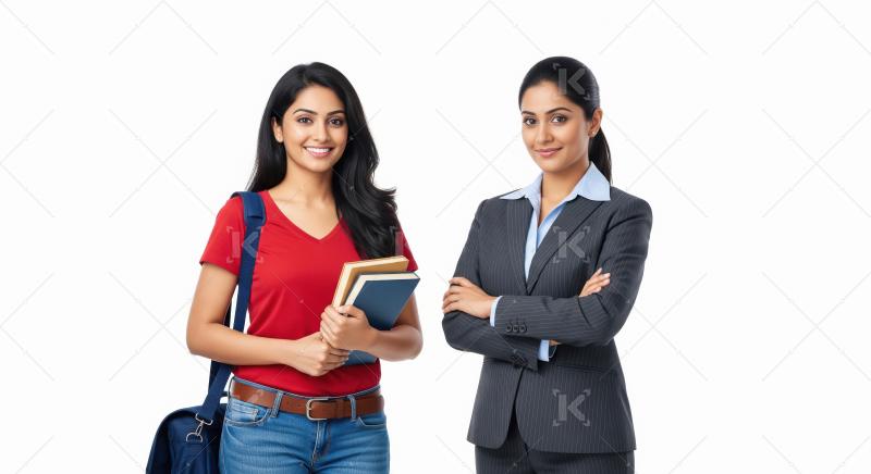 A young Indian woman in casual student attire and businesswoman