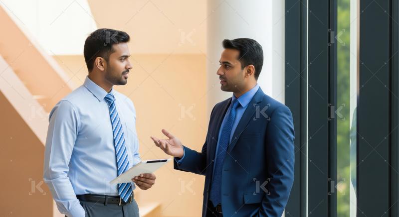 Two professional Indian businessmen engaged in a focused convers