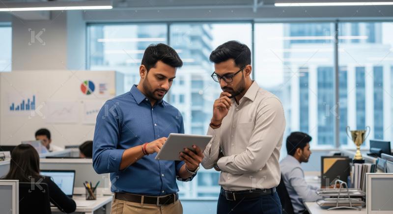 Two young Indian professionals in smart casual office wear stand