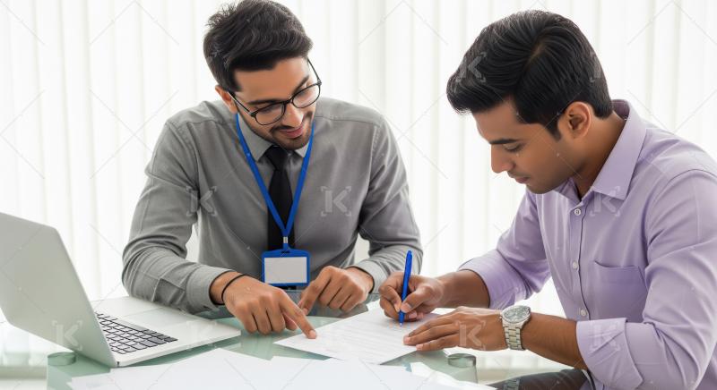 A young Indian advisor points to a document on the desk while hi