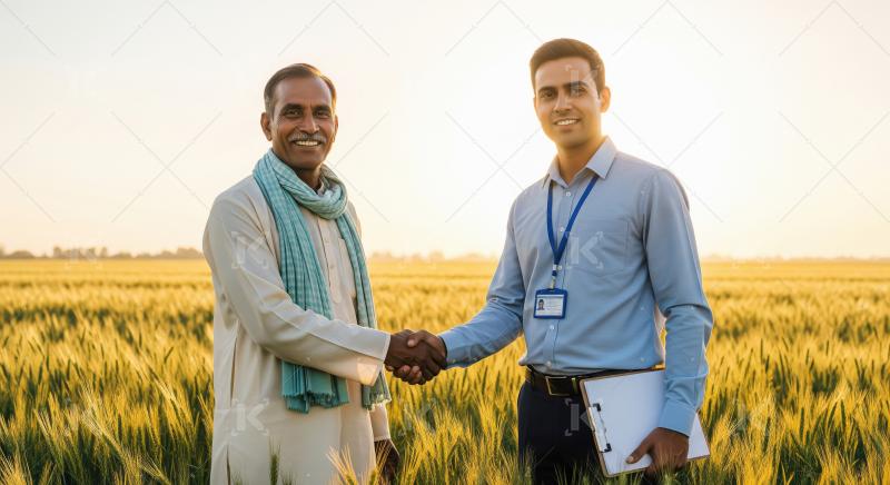 Happy indian banker shake hand with farmer at agriculture field