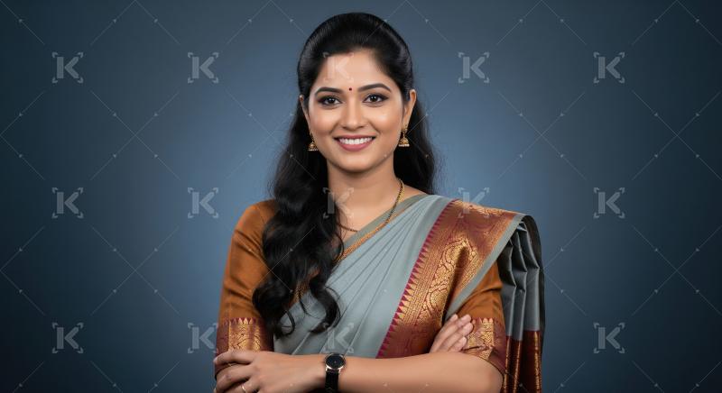 Confident young Indian woman in an elegant traditional saree, st