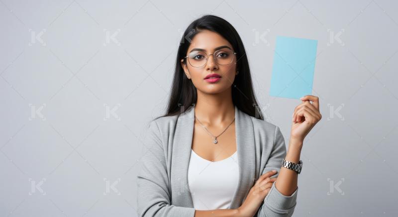 Confident young Indian woman standing against a light grey backg