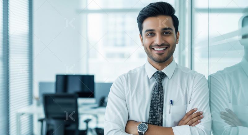 Young indian male corporate employee standing confidently