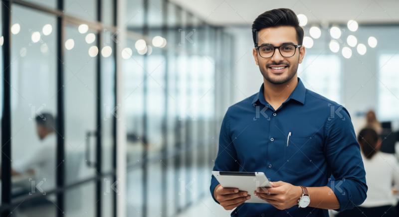 Confident young Indian businessman standing in a modern glass-wa