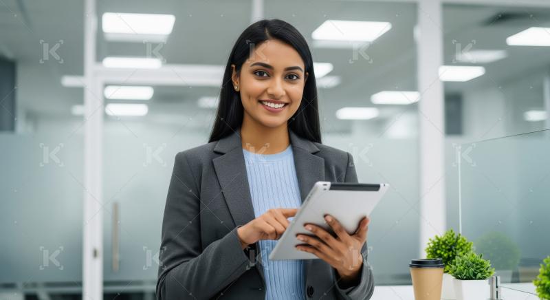 A smiling young Indian professional woman in business attire hol