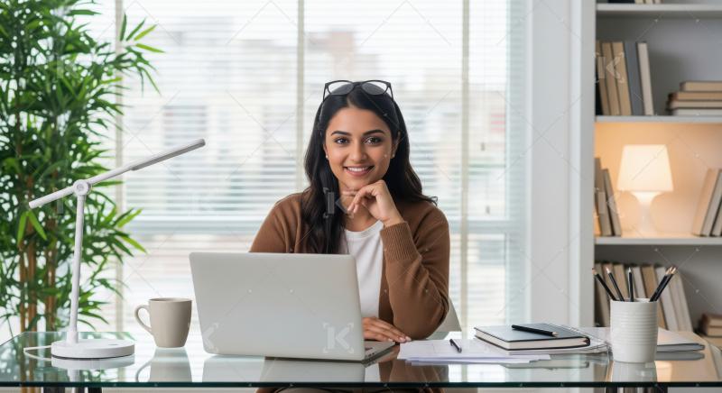 Young woman working remotely at a modern home office desk with a