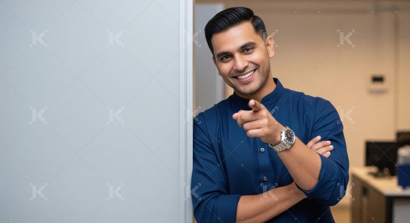 Confident young Indian businessman standing in a modern glass-wa