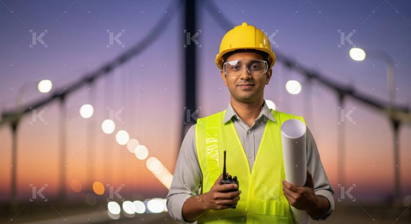 Confident Indian male engineer in a safety vest and hard hat sta