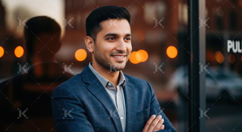 Indian businessman standing confidently at office