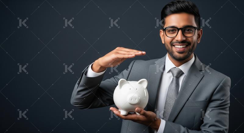 Indian businessman in a sharp grey suit holding a white piggy ba