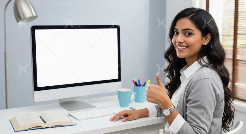 Confident young woman sitting at a modern desk, giving a thumbs-