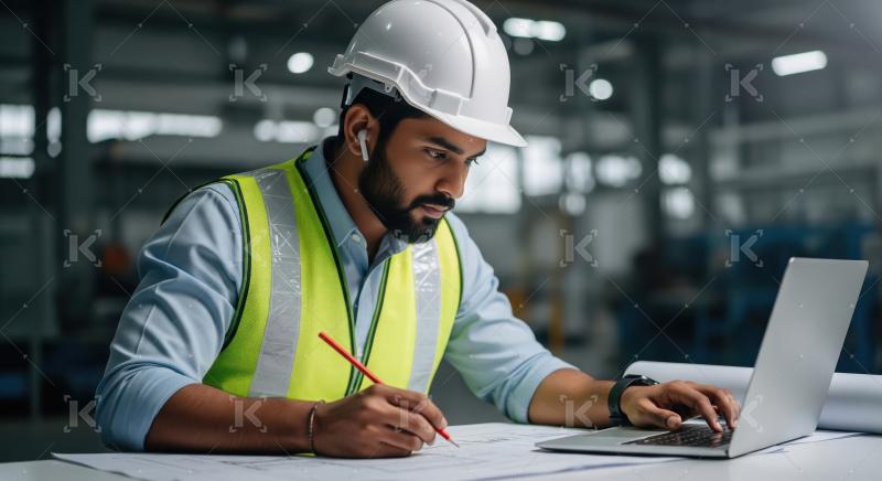 Focused Indian male engineer wearing a safety helmet and reflect