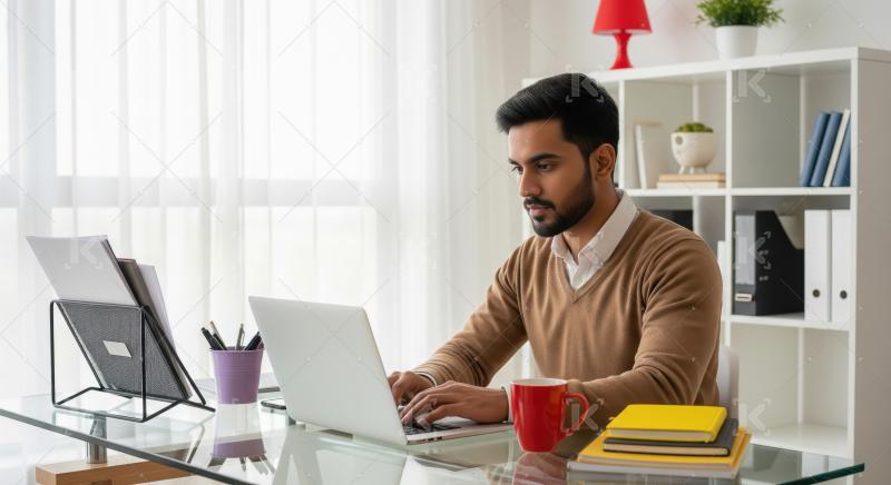 Focused young Indian man working on a laptop at a bright home of