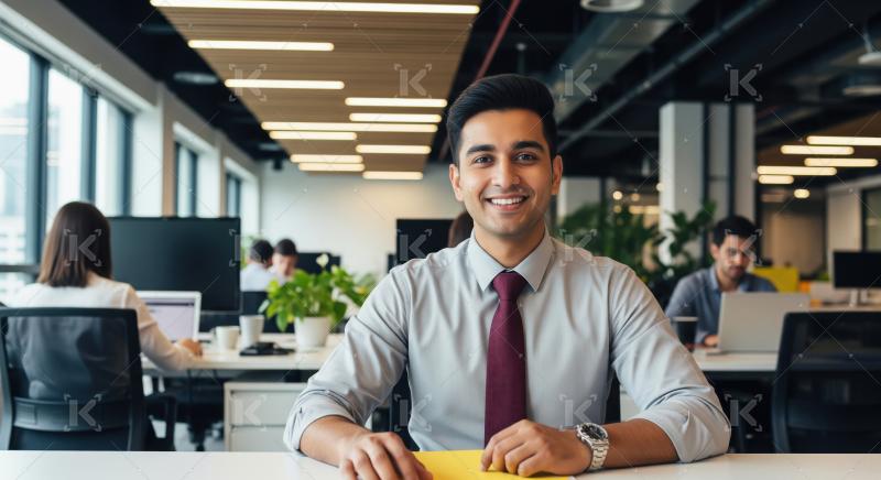 Happy indian corporate employee at office