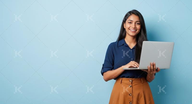 Young professional woman standing against a blue background, hol