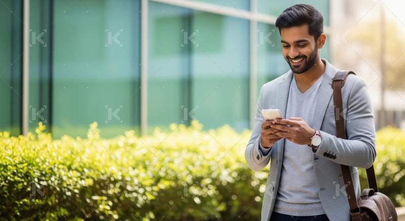 Stylish young Indian professional standing outside a modern glas