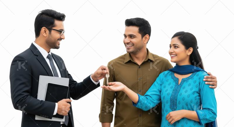 A cheerful Indian real estate agent in a formal suit hands over