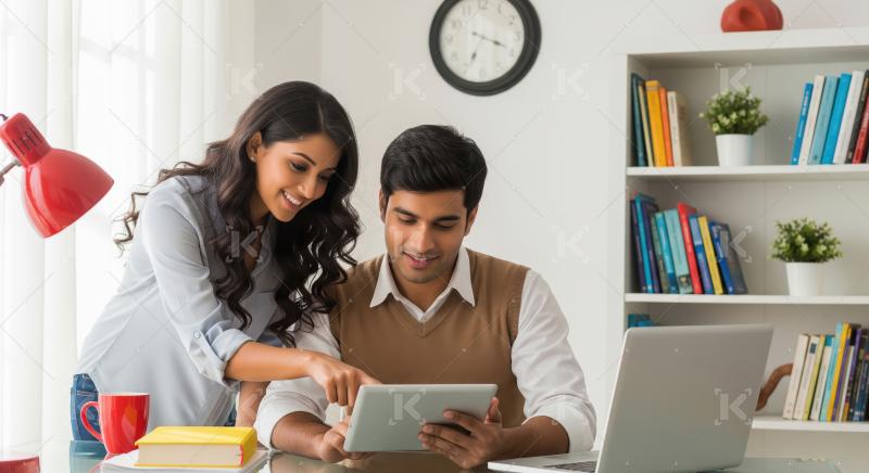A happy young Indian couple works together at a bright home offi