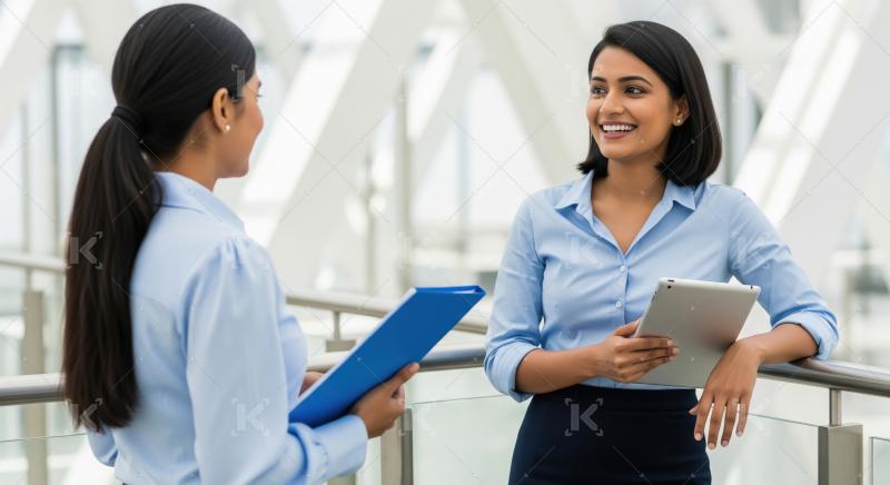 Two professional Indian businesswomen in formal attire have a fr