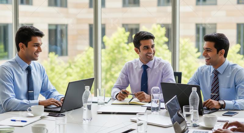 Three young Indian professionals in formal shirts and ties colla