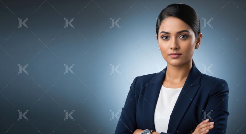 A confident young Indian businesswoman in a navy blazer poses wi