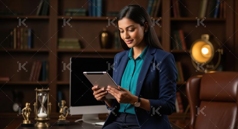 A young, elegant Indian businesswoman in a navy blazer sits in a