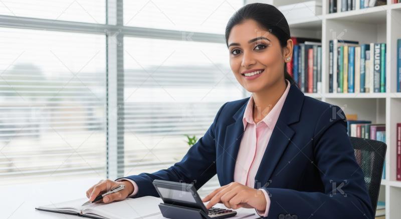 A cheerful young Indian businesswoman works at her desk with a c