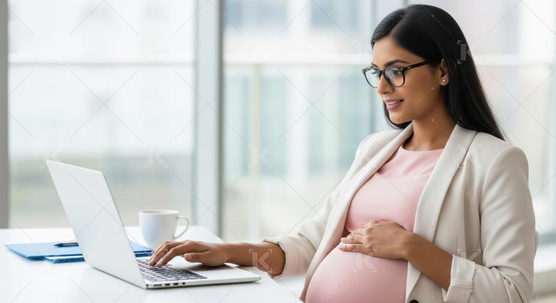 A confident pregnant businesswoman in a light blazer works on he