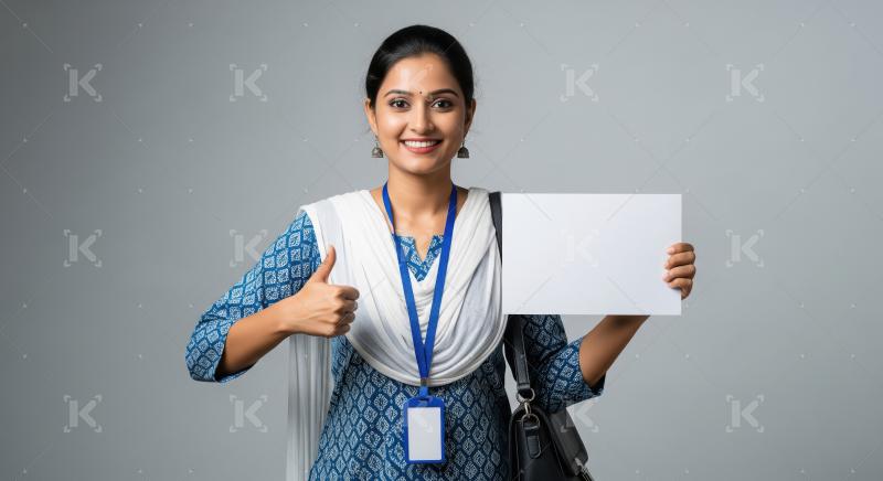 Cheerful young woman in traditional Indian attire holding a blan