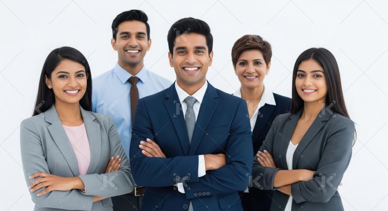 A diverse group of confident Indian professionals in formal busi