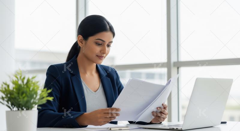 A focused young Indian businesswoman in a navy blazer sits at a